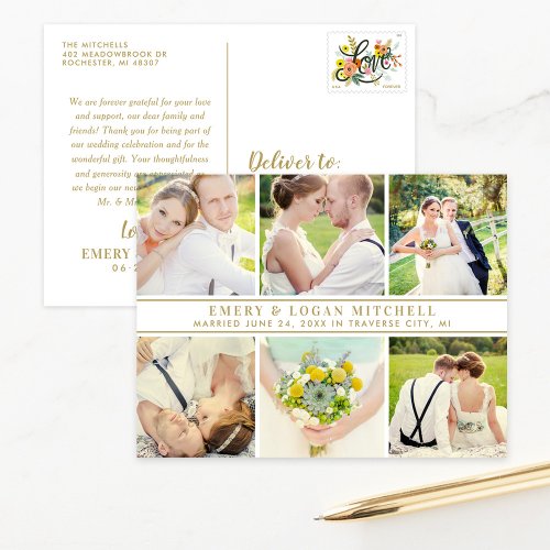 Gold Monogram Wedding Photo Collage Thank you Postcard