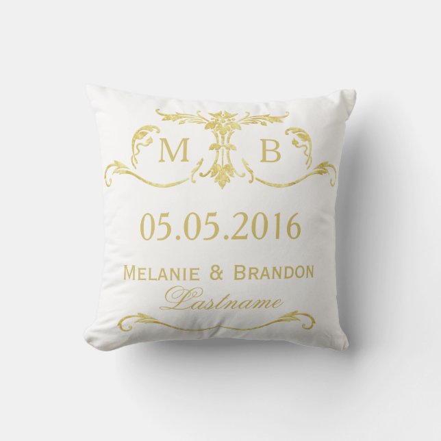 Gold monogram wedding pillow personalized (Front)