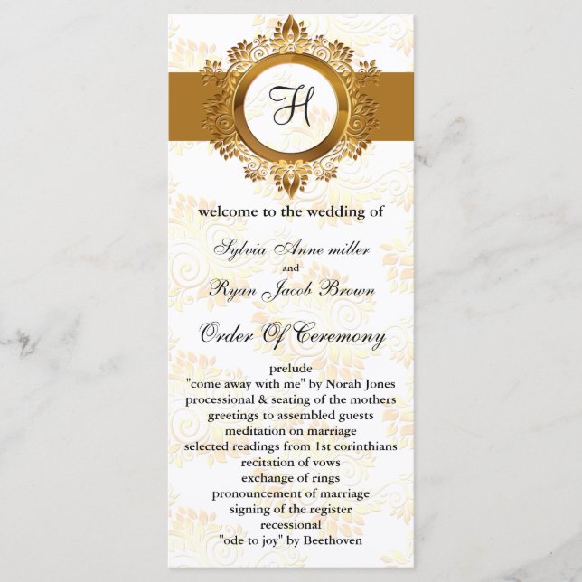 gold monogram Wedding program (Front)