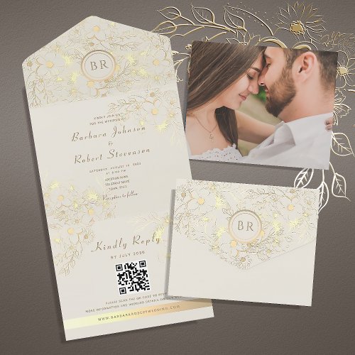 Gold Monogram Wedding QR Code  All In One Invitation