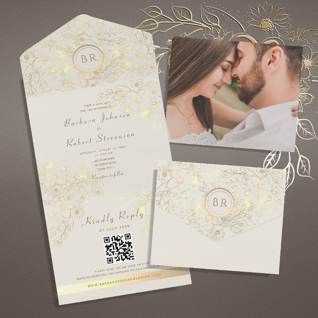 Gold Monogram Wedding QR Code  All In One Invitation (Creator Uploaded)