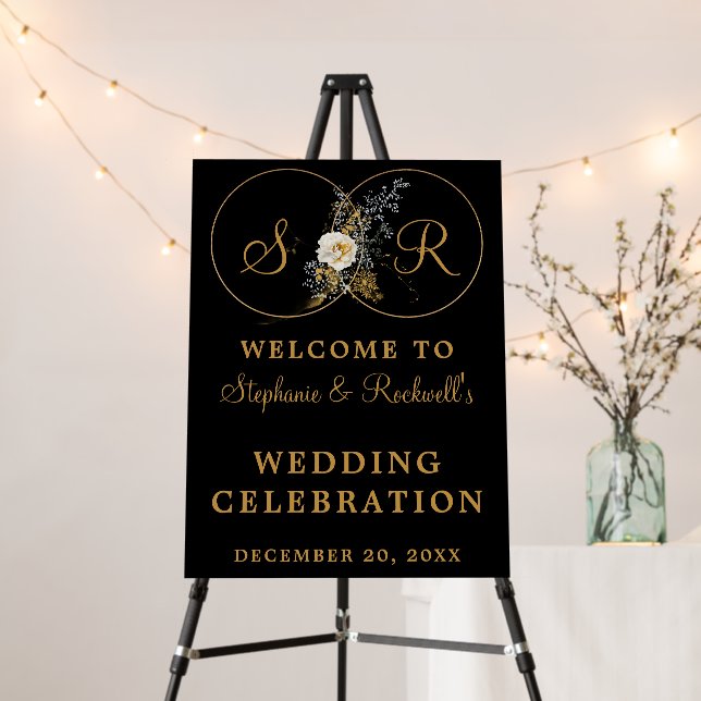 Gold Monogram Wedding Welcome Banner On Black Foam Board (In Situ (Stand))