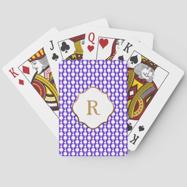 Gold Monogram White Circles Retro Pattern, Purple Poker Cards (Back)