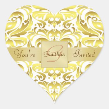 Gold Monogram White Damask Heart Sticker by TheInspiredEdge at Zazzle