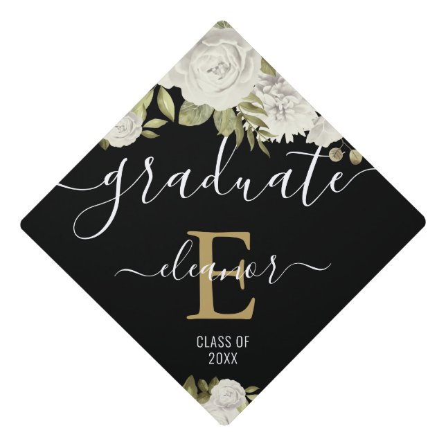 Gold Monogram White Floral Name Graduation Cap Topper (Front)