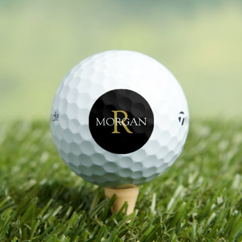 Gold Monogram  White Name on Black Circle Golf Balls