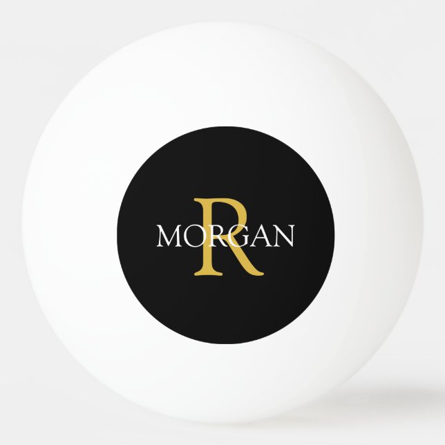Gold Monogram & White Name on Black Ping Pong Ball (Back)