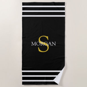 Gold Monogram/White Name White Stripes, Black Beach Towel