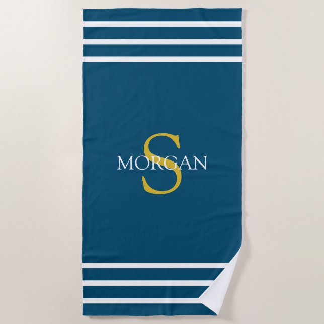 Gold Monogram/White Name White Stripes, Ocean Blue Beach Towel (Front)