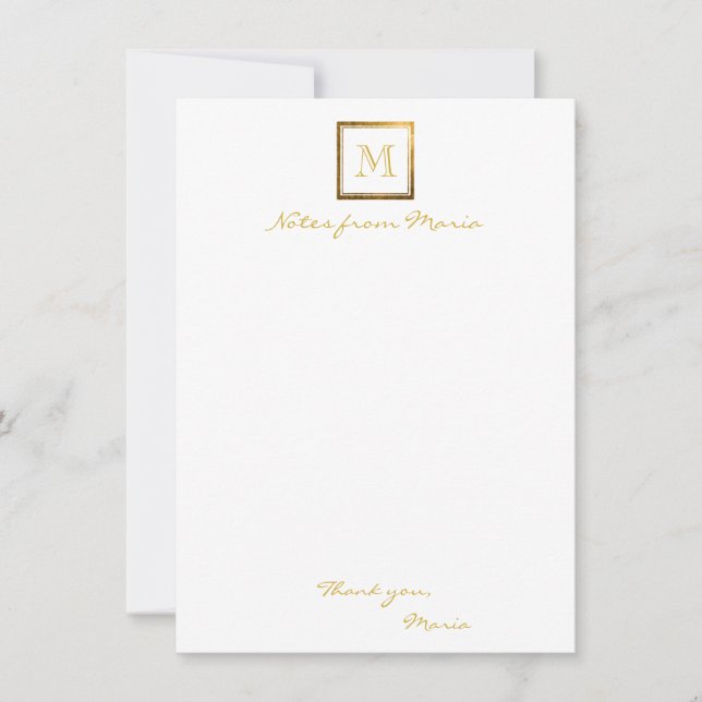 Gold Monogram White Personalized Note Cards (Front)