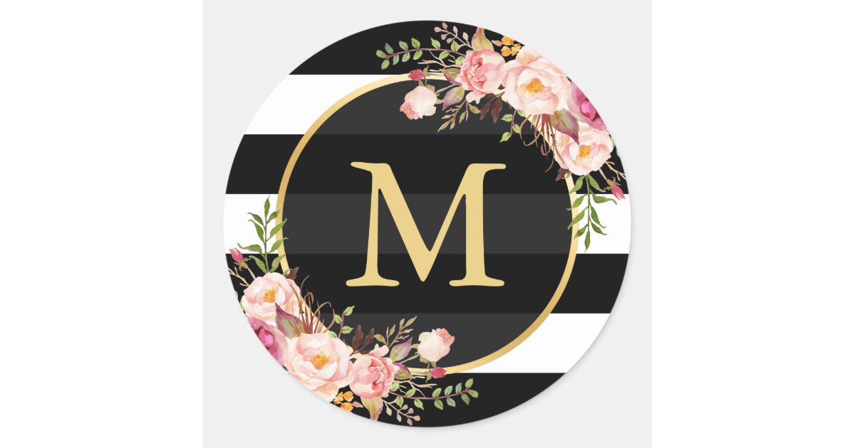 Elegant White Floral Monogram Letter M on White Classic Round Sticker, Zazzle