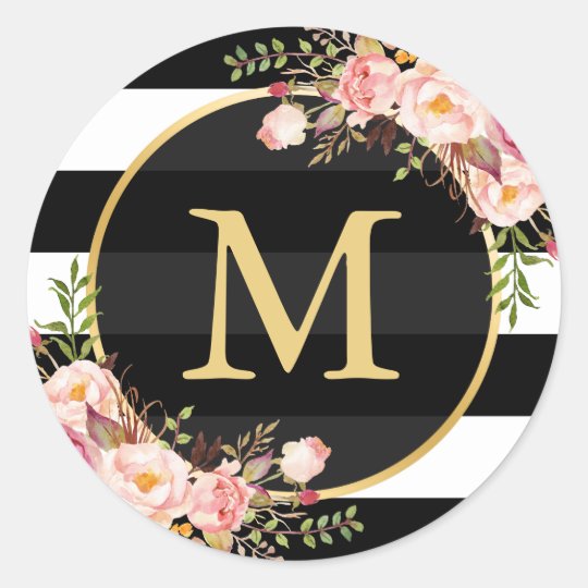 Gold Monogram with Black White Striped Floral Deco Classic Round Sticker | Zazzle.com