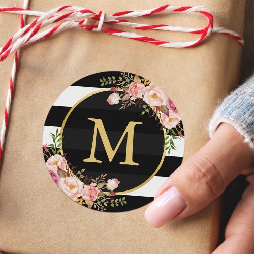 Gold Monogram with Black White Striped Floral Deco Classic Round Sticker