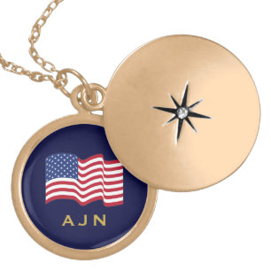 Gold Monogrammed American Flag Locket Necklace 