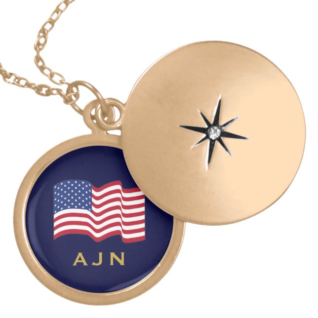 Gold Monogrammed American Flag Locket Necklace  (Front)