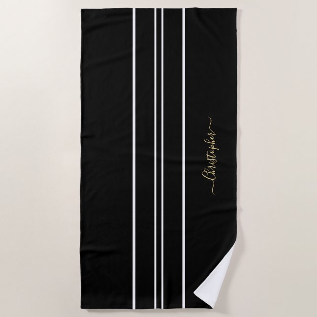 Gold Monogrammed Black White Racing Stripes Pool Beach Towel (Front)