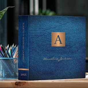 Gold monogrammed elegant name script navy office 3 ring binder