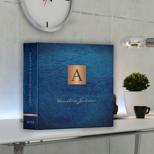 Gold monogrammed elegant name script navy office 3 ring binder (Creator Uploaded)