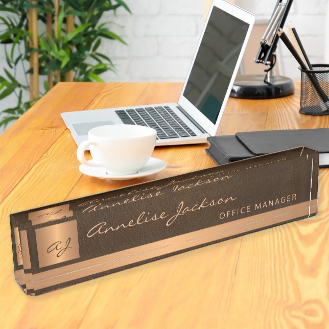 Gold monogrammed luxury elegant brown leather desk name plate (Creator Uploaded)