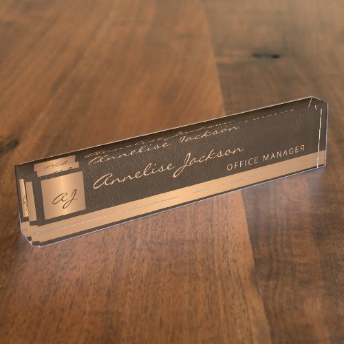 Gold monogrammed luxury elegant brown leather desk name plate