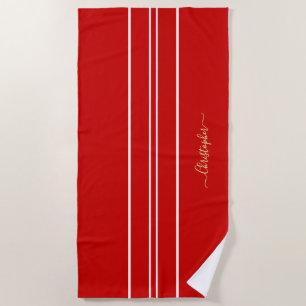 Gold Monogrammed Red White Racing Stripes Pool Beach Towel
