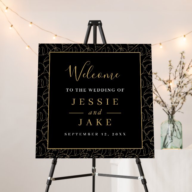Gold monstera leaf frame Wedding Welcome sign (In Situ (Stand))