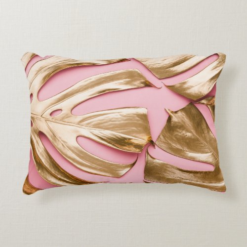 Gold Monstera Leaves Pastel Pink Accent Pillow