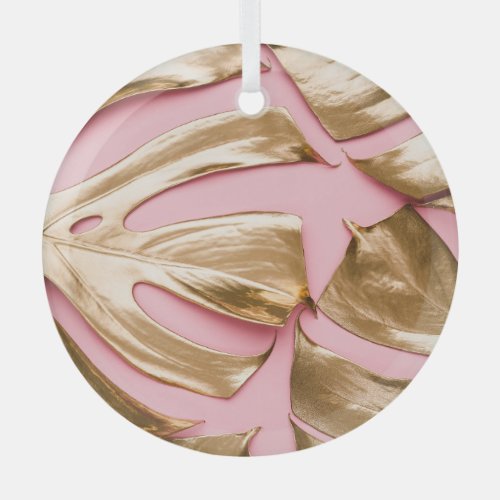 Gold Monstera Leaves Pastel Pink Glass Ornament