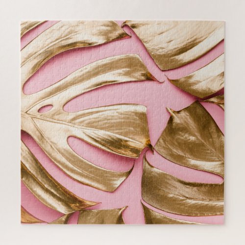 Gold Monstera Leaves Pastel Pink Jigsaw Puzzle