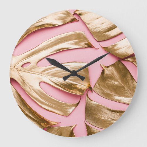Gold Monstera Leaves Pastel Pink Large Clock