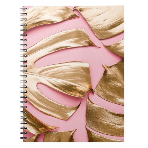 Gold Monstera Leaves Pastel Pink Notebook