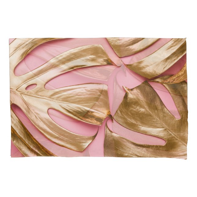 Gold Monstera Leaves: Pastel Pink. Pillow Case (Front)