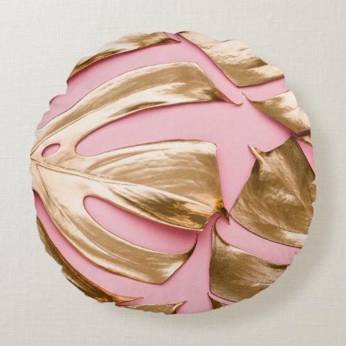 Gold Monstera Leaves Pastel Pink Round Pillow