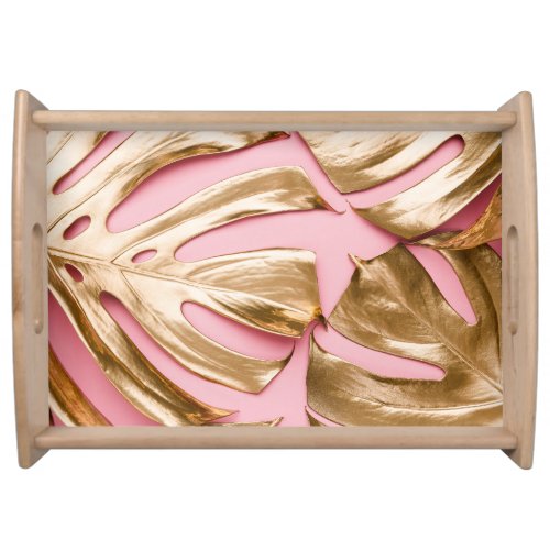 Gold Monstera Leaves Pastel Pink Serving Tray