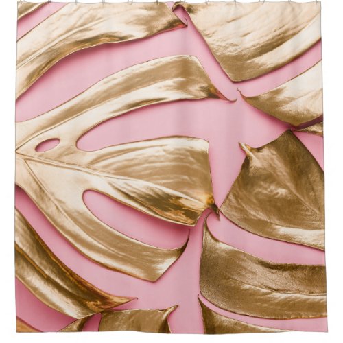 Gold Monstera Leaves Pastel Pink Shower Curtain