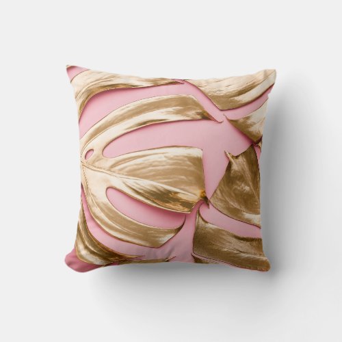 Gold Monstera Leaves Pastel Pink Throw Pillow