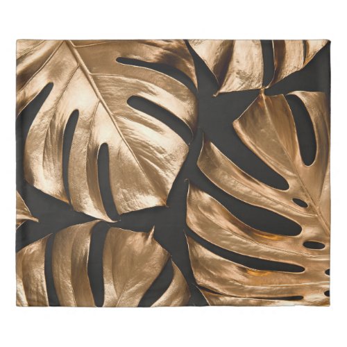 Gold monstera leaves pattern duvet cover