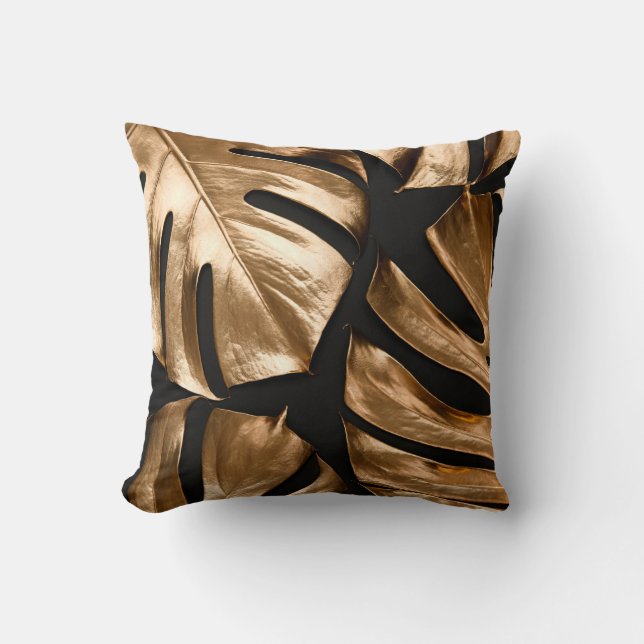 Gold monstera leaves pattern throw pillow (Front)