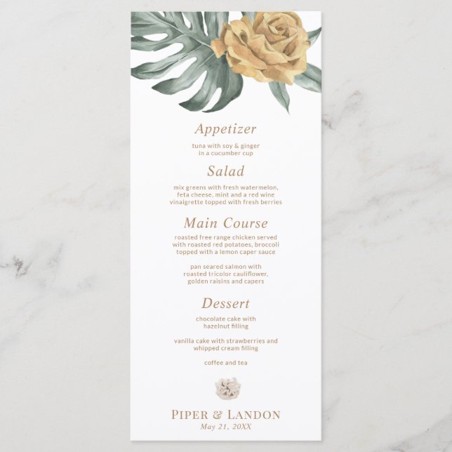 Gold Monstera Tropical Oasis Flower Wedding Menu (Front)