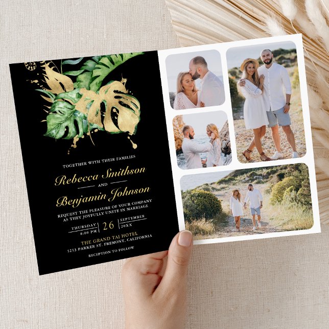Gold Monstera Tropical Palm Black QR Code Wedding Invitation (Creator Uploaded)