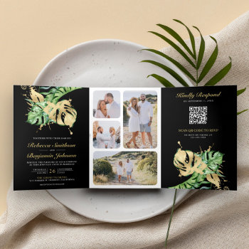Gold Monstera Tropical Palm Black Qr Code Wedding Tri-fold Invitation by ShabzDesigns at Zazzle