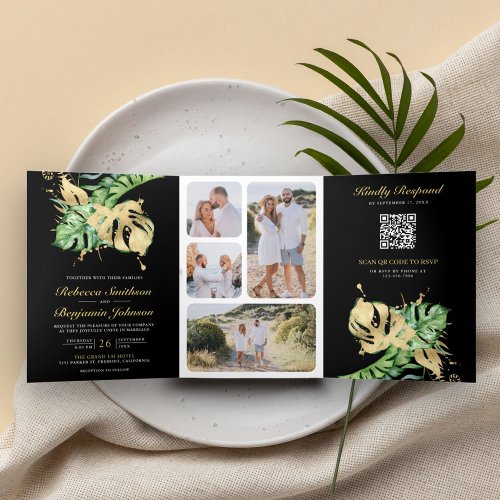 Gold Monstera Tropical Palm Black QR Code Wedding Tri_Fold Invitation