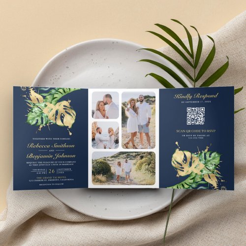 Gold Monstera Tropical Palm Navy QR Code Wedding Tri_Fold Invitation