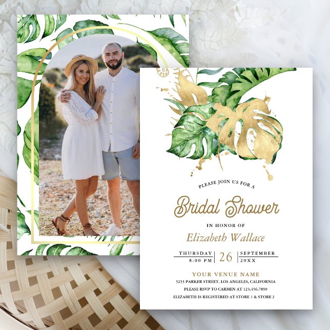 Gold Monstera Tropical Palm Photo Bridal Shower Invitation (Creator Uploaded)