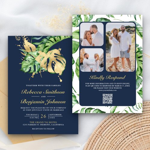 Gold Monstera Tropical Palm QR Code Navy Wedding Invitation