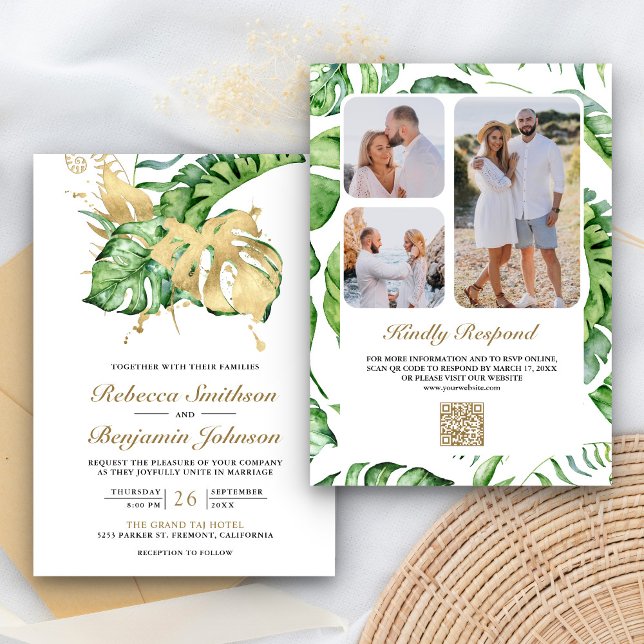 Gold Monstera Tropical Palm QR Code Wedding Invitation (Creator Uploaded)
