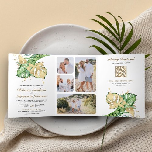 Gold Monstera Tropical Palm QR Code Wedding Tri_Fold Invitation