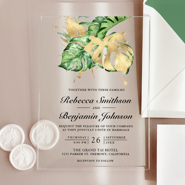 Gold Monstera Tropical Palm Wedding Acrylic Invitations (Creator Uploaded)