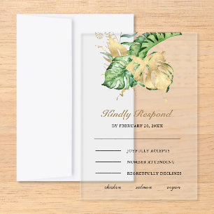 Gold Monstera Tropical Palm Wedding Acrylic Rsvp Card