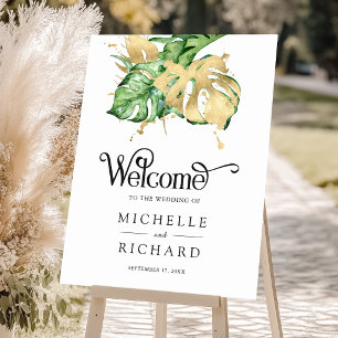 Gold Monstera Tropical Palm Wedding Welcome Sign